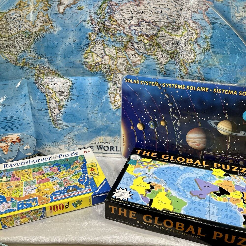 KIDS LOT - USA and Globe PUZZLES plus Global Map and Solar System Placemat